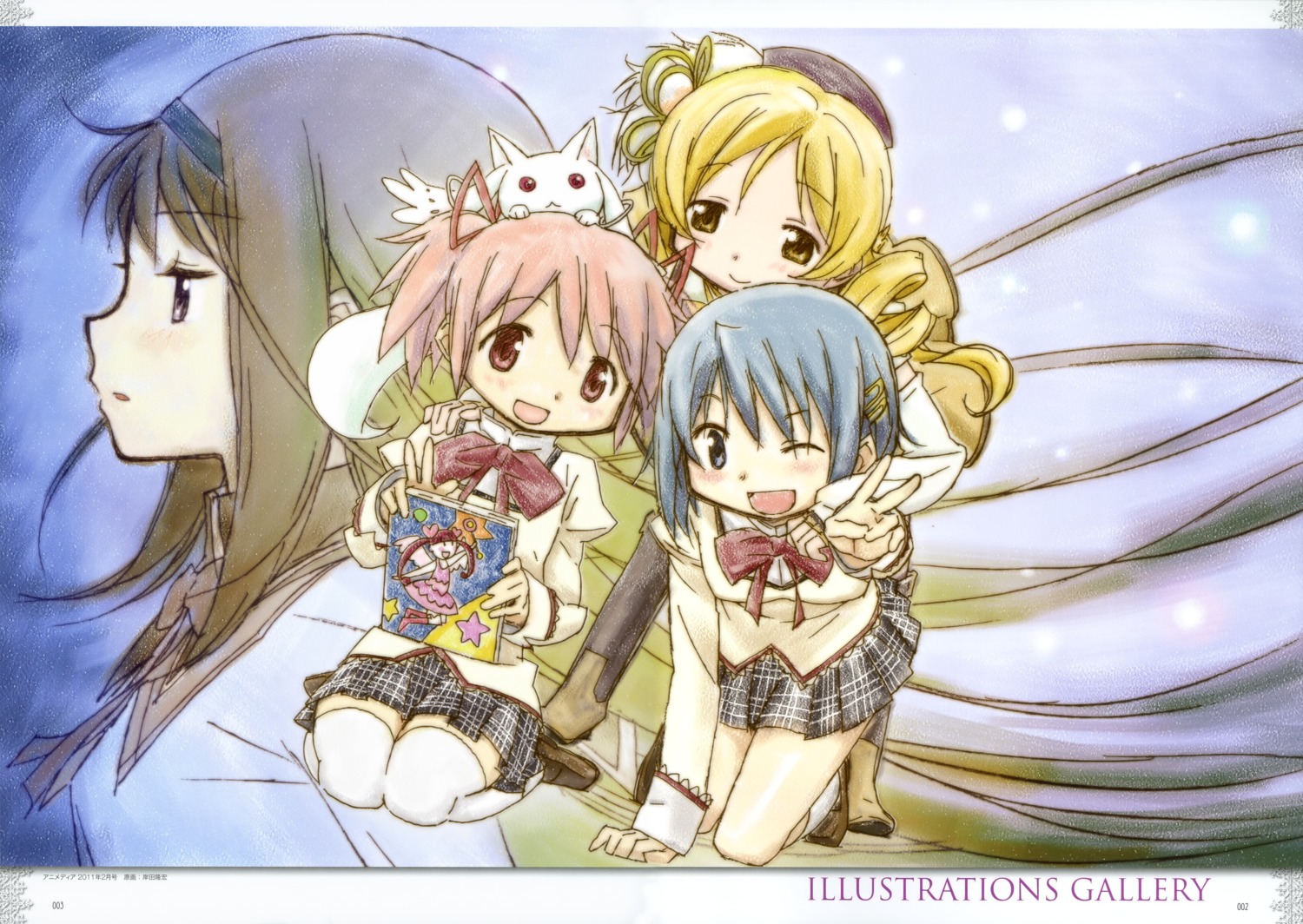 akemi_homura kaname_madoka kishida_takahiro kyubey mahou_shoujo_madoka_magica miki_sayaka seifuku thighhighs tomoe_mami