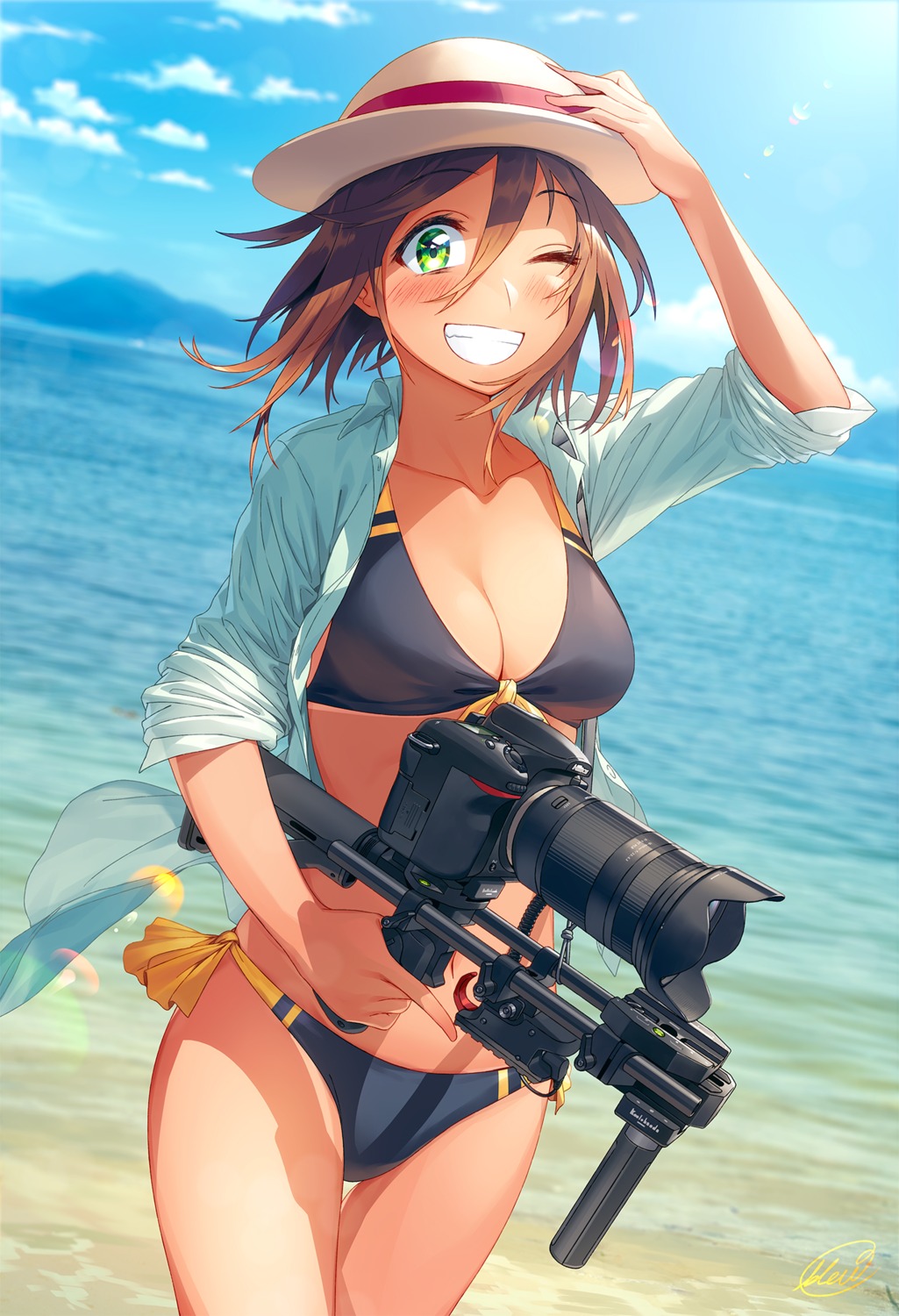 bikini blew_andwhite cleavage dress_shirt open_shirt swimsuits