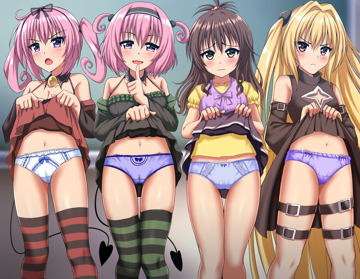 cameltoe garter golden_darkness loli momo_velia_deviluke nana_asta_deviluke no_bra pantsu skirt_lift tail thighhighs to_love_ru to_love_ru_darkness yuuki_mikan zanntetu