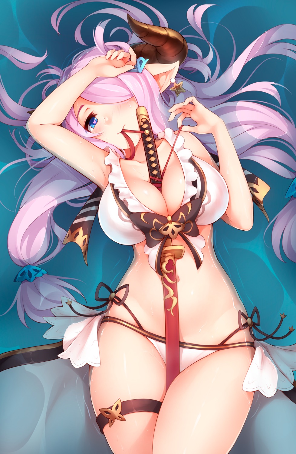 bikini cleavage garter granblue_fantasy horns kerasu narumeia_(granblue_fantasy) pointy_ears swimsuits sword wet