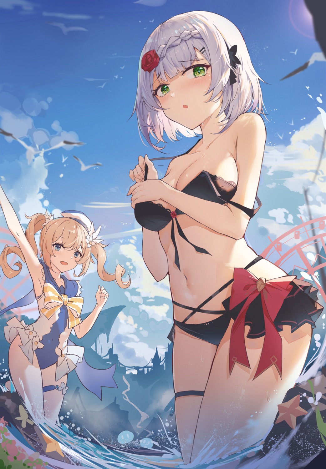 barbara_(genshin_impact) bikini garter genshin_impact noelle_(genshin_impact) swimsuits undressing wet yajuu