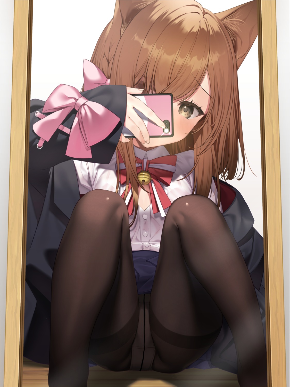 animal_ears bra haiba nekomimi nekosoma_rion pantsu pantyhose see_through seifuku selfie skirt_lift