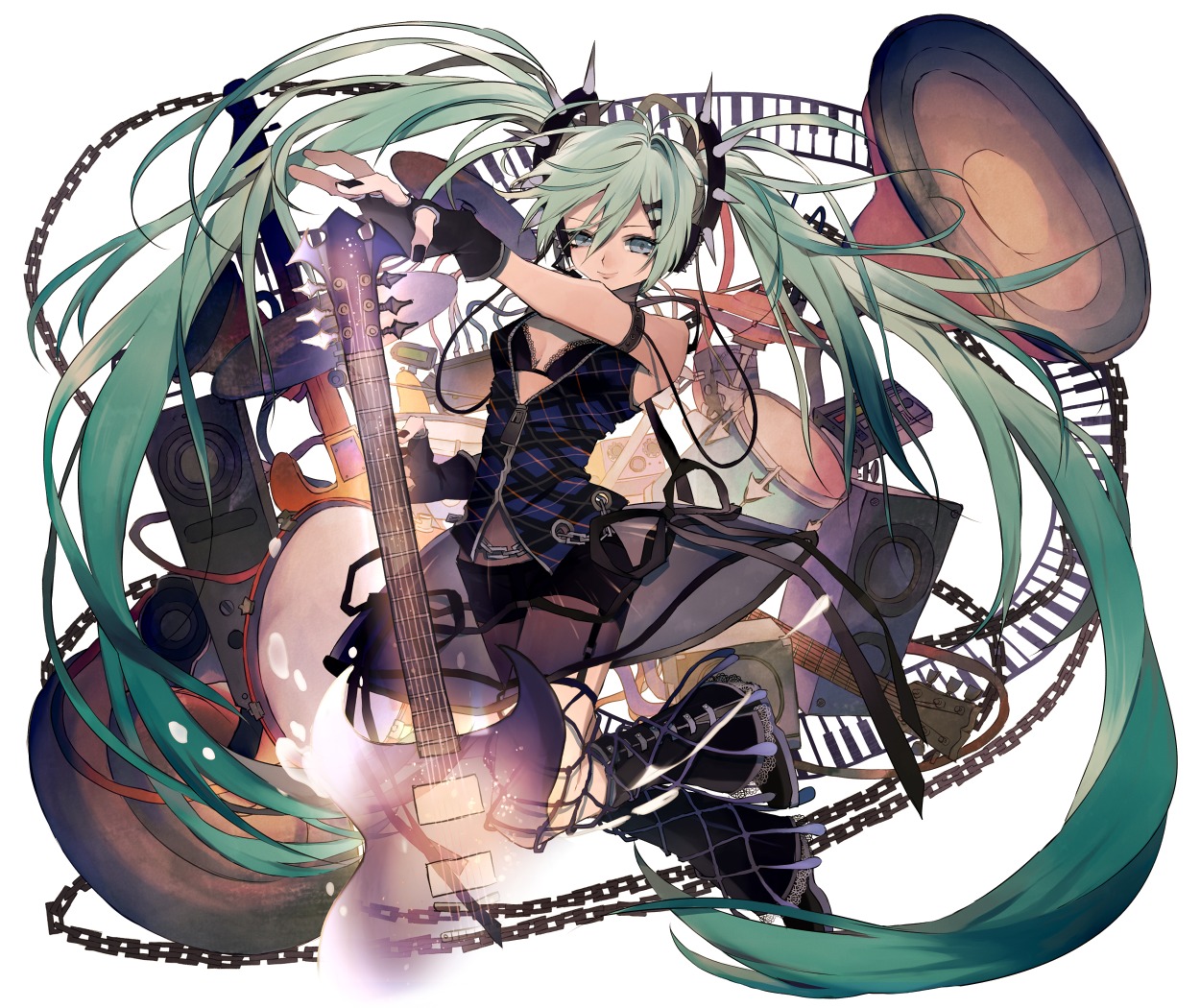 bra cleavage guitar hatsune_miku tsukioka_tsukiho vocaloid