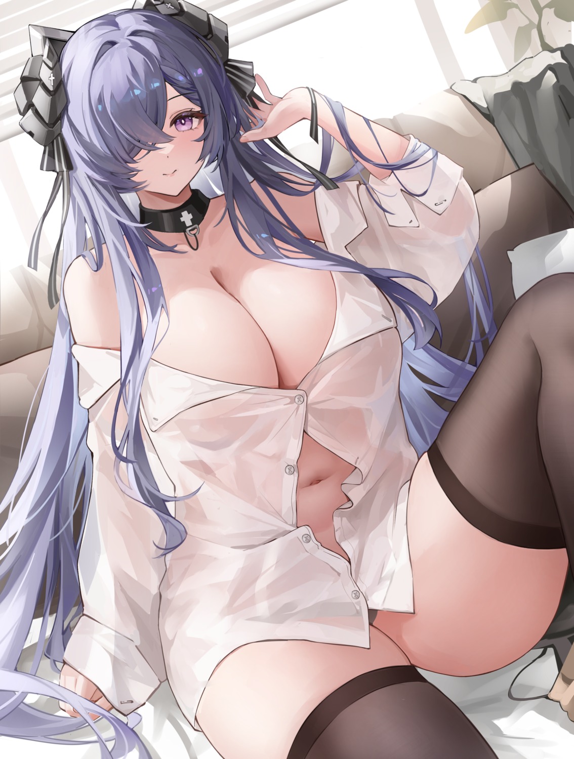 again_(depr4447) august_von_parseval_(azur_lane) azur_lane dress_shirt horns no_bra open_shirt pantsu see_through thighhighs