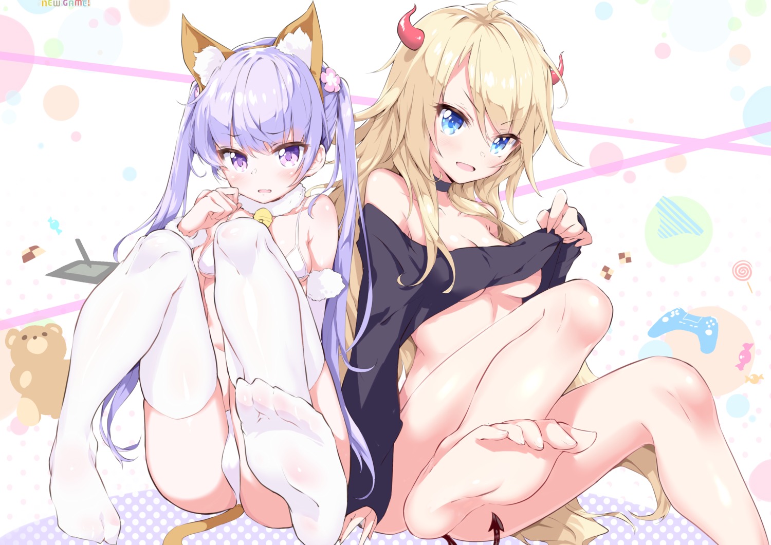 animal_ears bikini cleavage feet horns new_game! no_bra shanyao_jiang_tororo shirt_lift suzukaze_aoba swimsuits tail thighhighs underboob yagami_kou