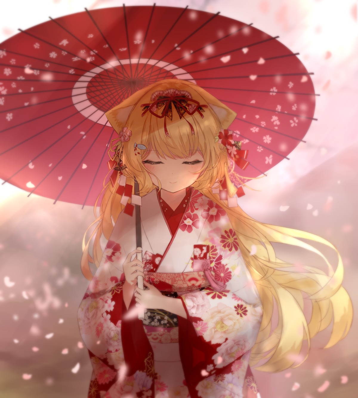 animal_ears guo582 kimono nekomimi umbrella