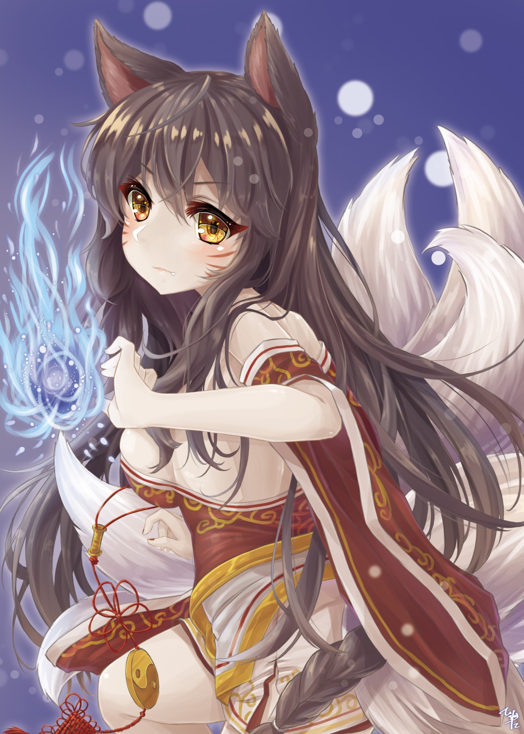 ahri animal_ears hyouta_(yoneya) kitsune league_of_legends no_bra tail