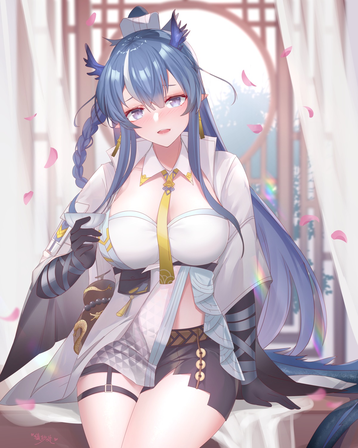 arknights garter horns ling_(arknights) lingshalan pointy_ears see_through tail