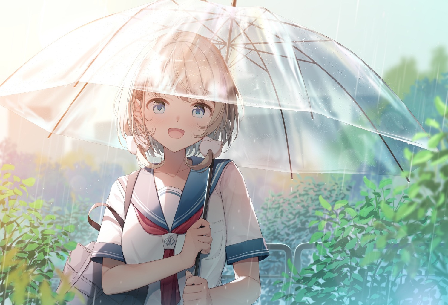 emori_miku_project nijihashi_sora seifuku umbrella wet wet_clothes