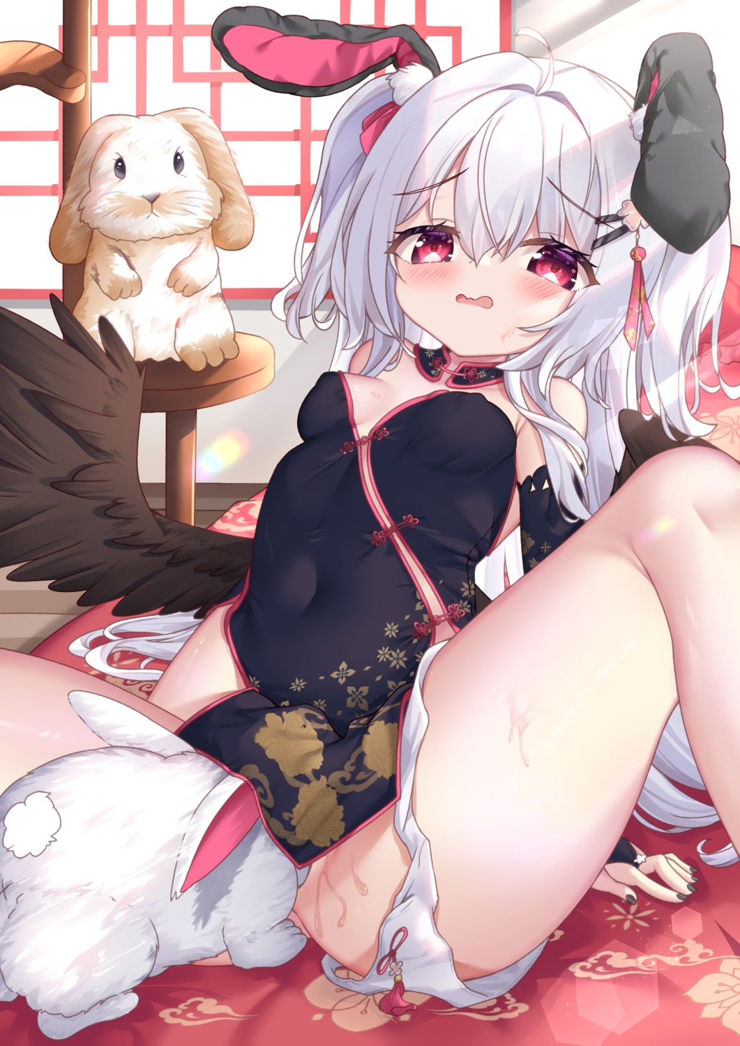 animal_ears bunny_ears chinadress cunnilingus erect_nipples extreme_content hiyada_yuu loli no_bra pantsu panty_pull pussy_juice skirt_lift wings