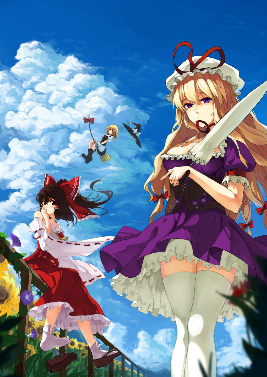 baisi_shaonian dress hakurei_reimu kirisame_marisa miko thighhighs touhou witch yakumo_yukari