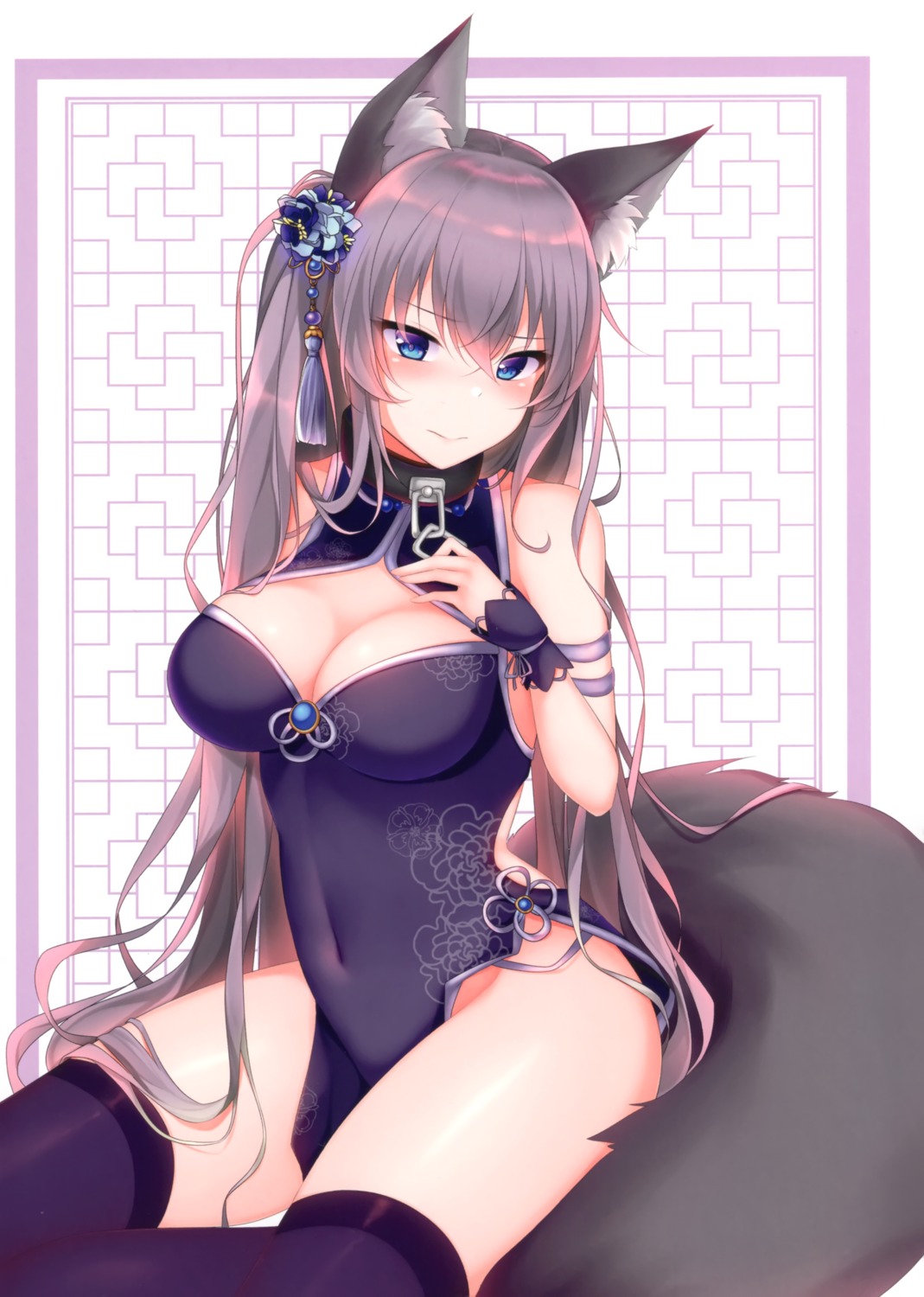 amashiro_natsuki animal_ears chinadress cleavage kitsune no_bra nopan tail thighhighs