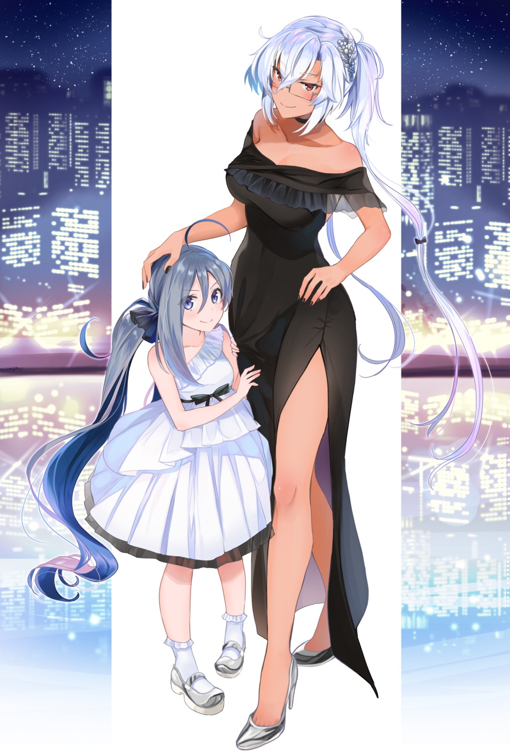 cleavage dress heels kantai_collection kiyoshimo_(kancolle) megane musashi_(kancolle) no_bra see_through yunamaro