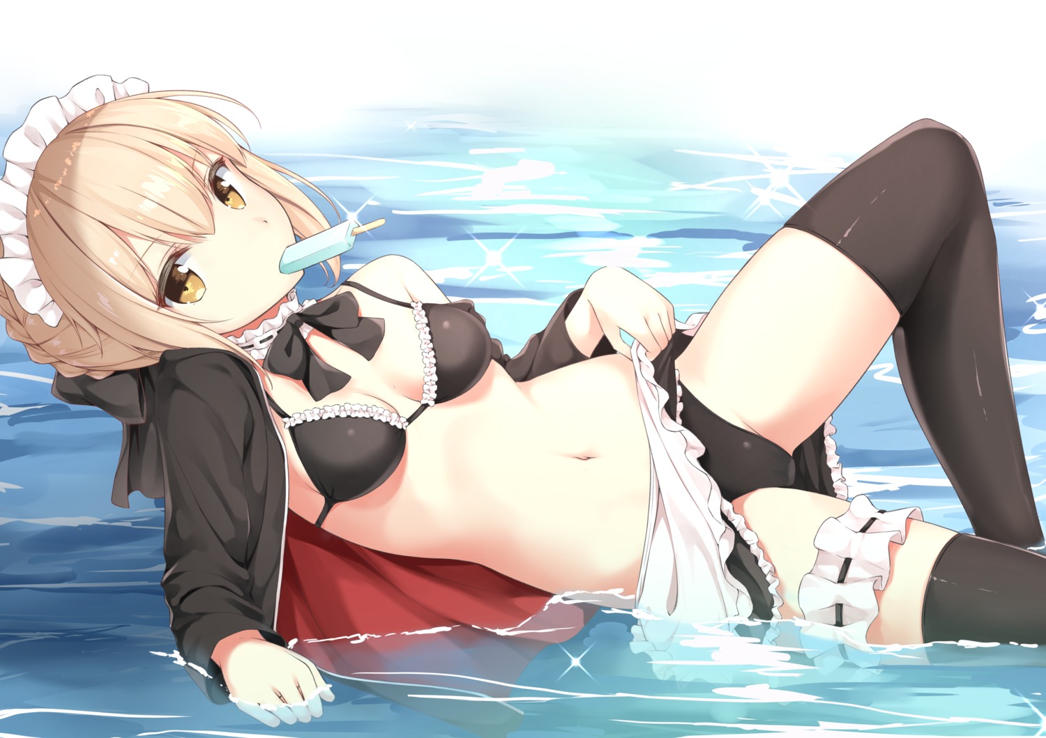 bikini cleavage fate/grand_order garter karutamo maid open_shirt saber saber_alter skirt_lift swimsuits thighhighs wet