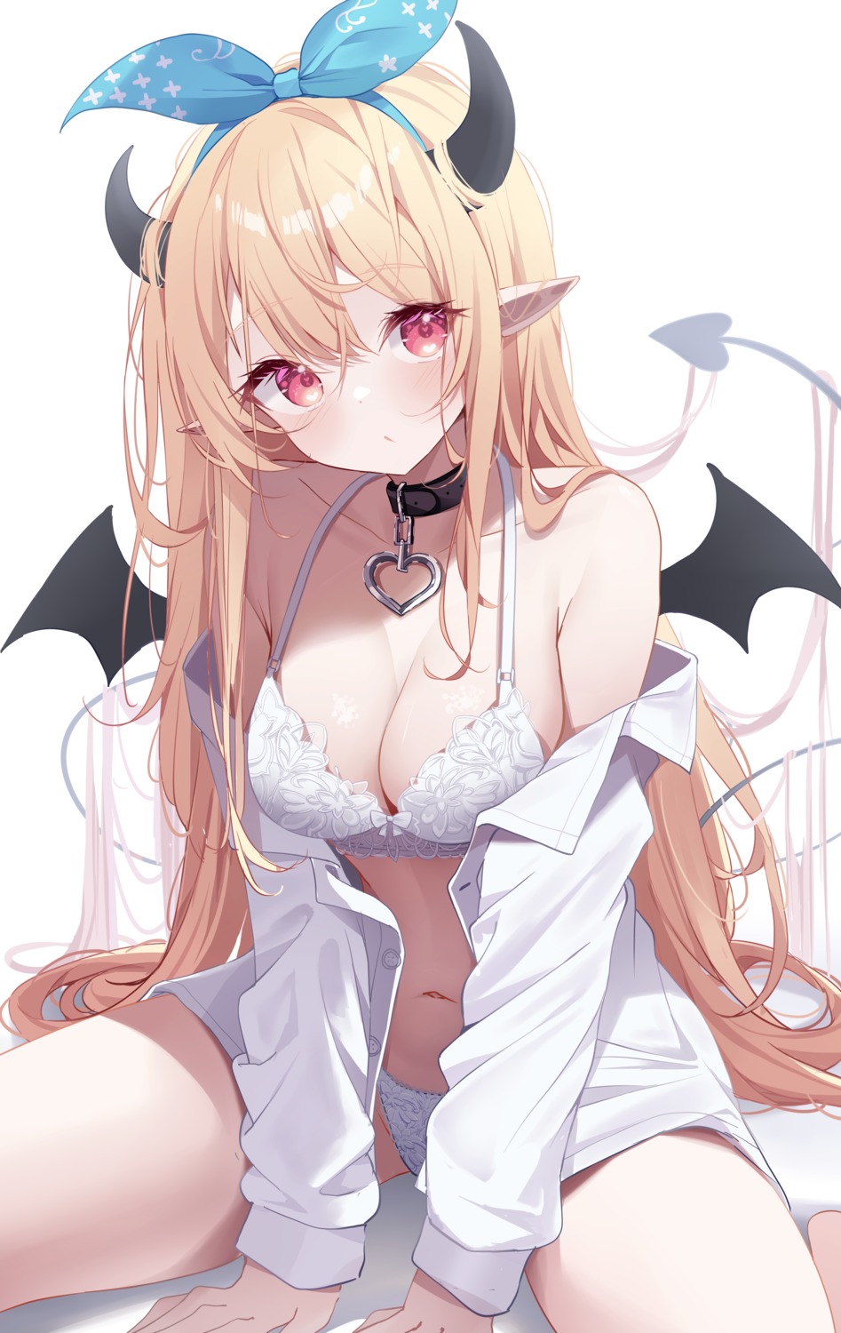 bra devil deyui dress_shirt horns nijisanji nijisanji_en open_shirt pantsu pointy_ears pomu_rainpuff tail wings