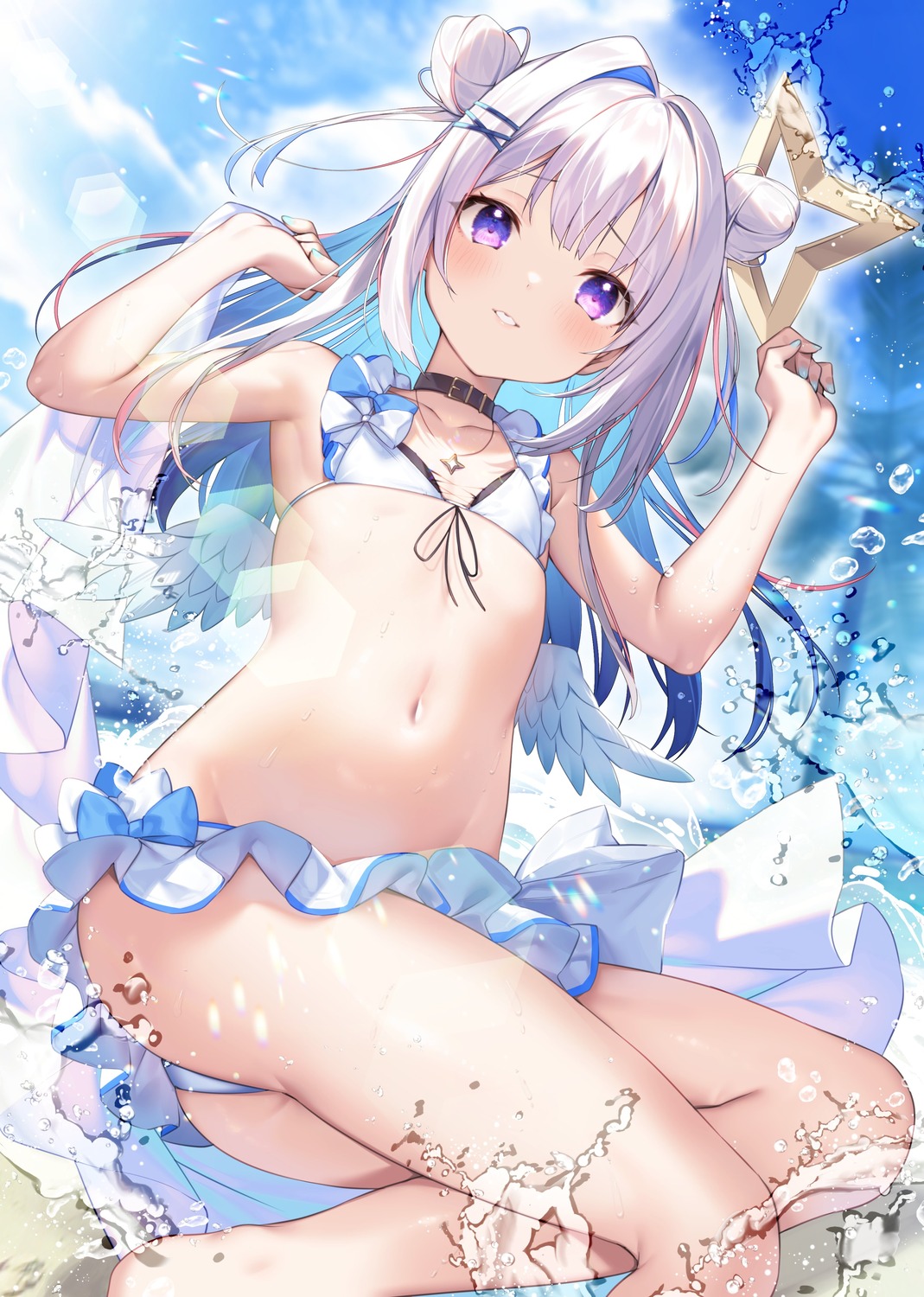 amane_kanata angel anywhere_knock bikini hololive skirt_lift swimsuits thong wet wings