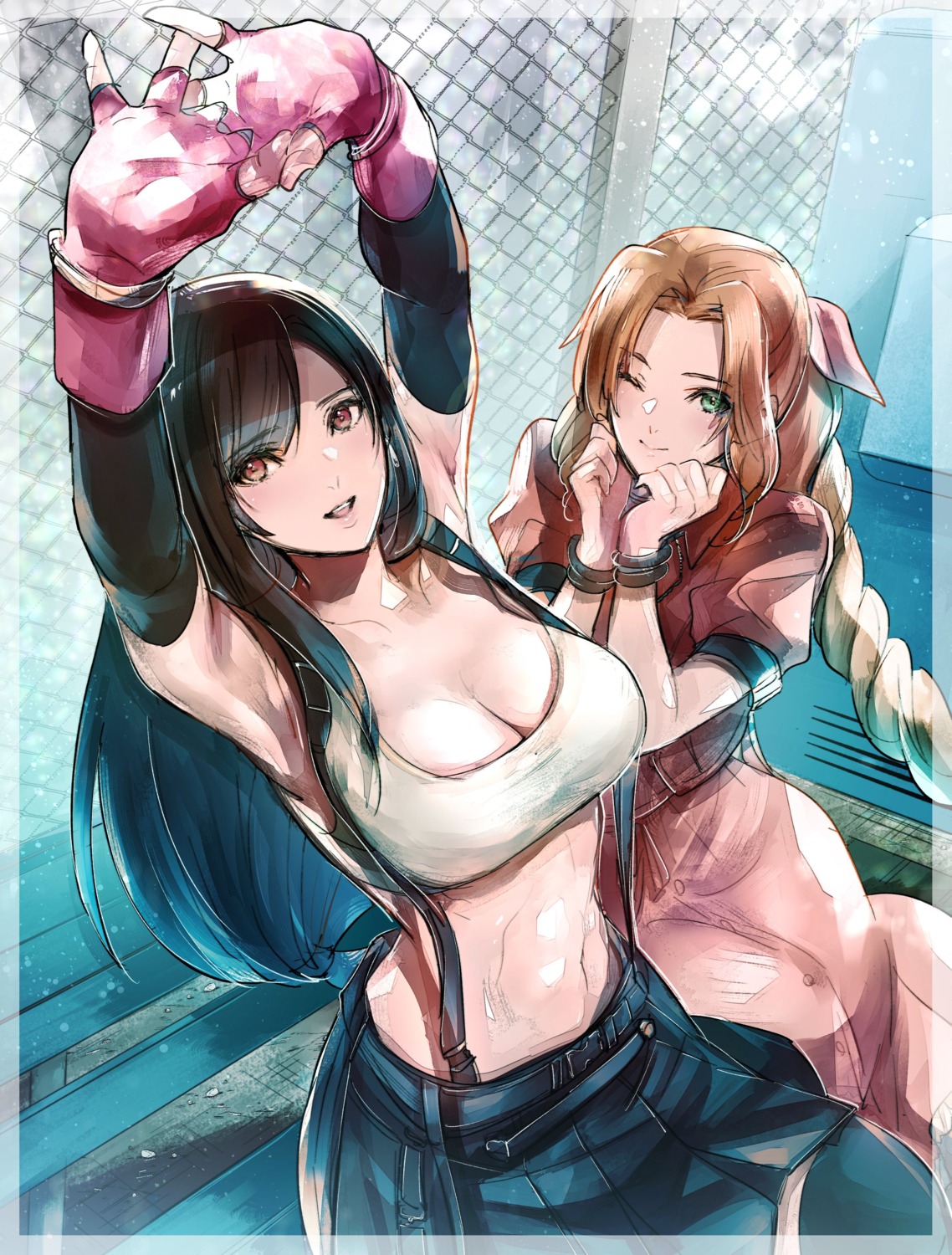 aerith_gainsborough cleavage final_fantasy final_fantasy_vii sakura_shouji sketch thighhighs tifa_lockhart