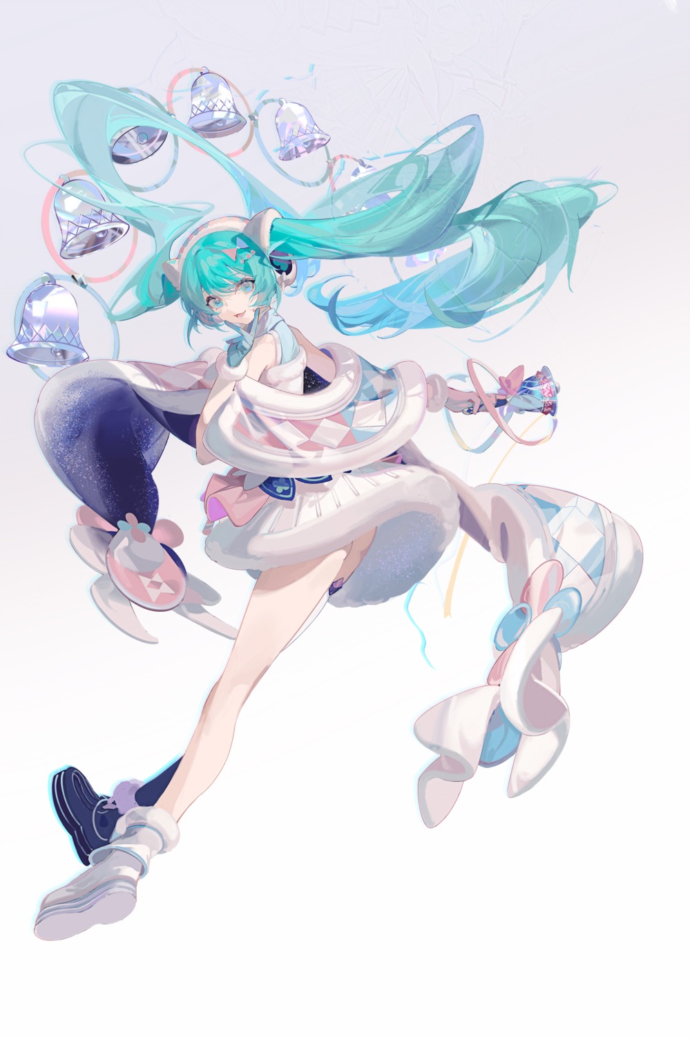 hatsune_miku headphones magical_mirai samo_(shichun_samo) skirt_lift thighhighs vocaloid