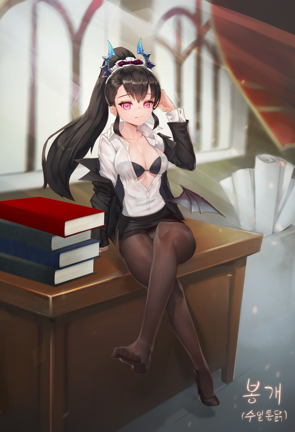 bra business_suit doha_skylightscent feet horns open_shirt pantsu pantyhose see_through skirt_lift wings