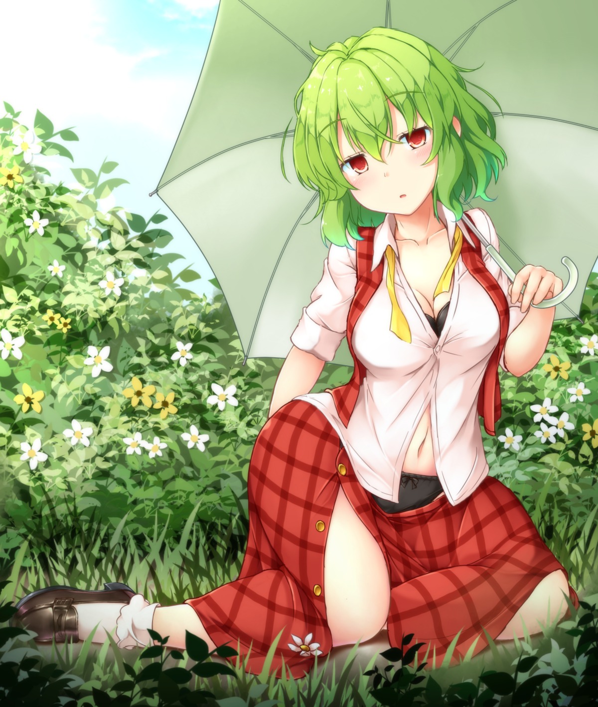 aka_tawashi bra cleavage heels kazami_yuuka open_shirt pantsu touhou umbrella