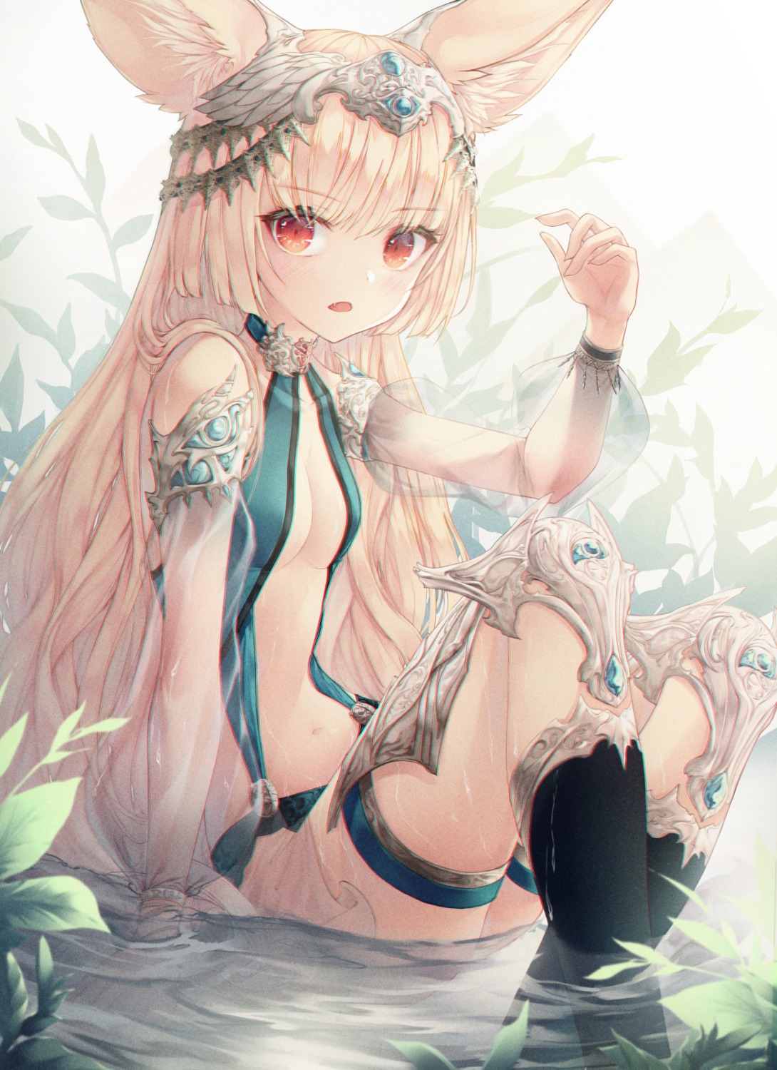 animal_ears armor garter h2o_(dfo) no_bra open_shirt see_through wet