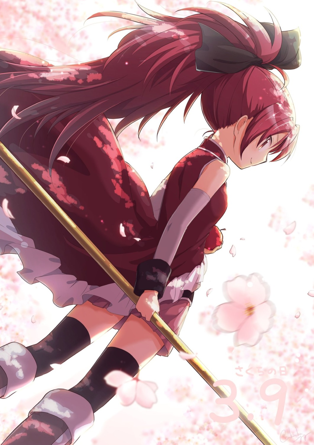 dress mahou_shoujo_madoka_magica rilafm345 sakura_kyouko skirt_lift thighhighs weapon