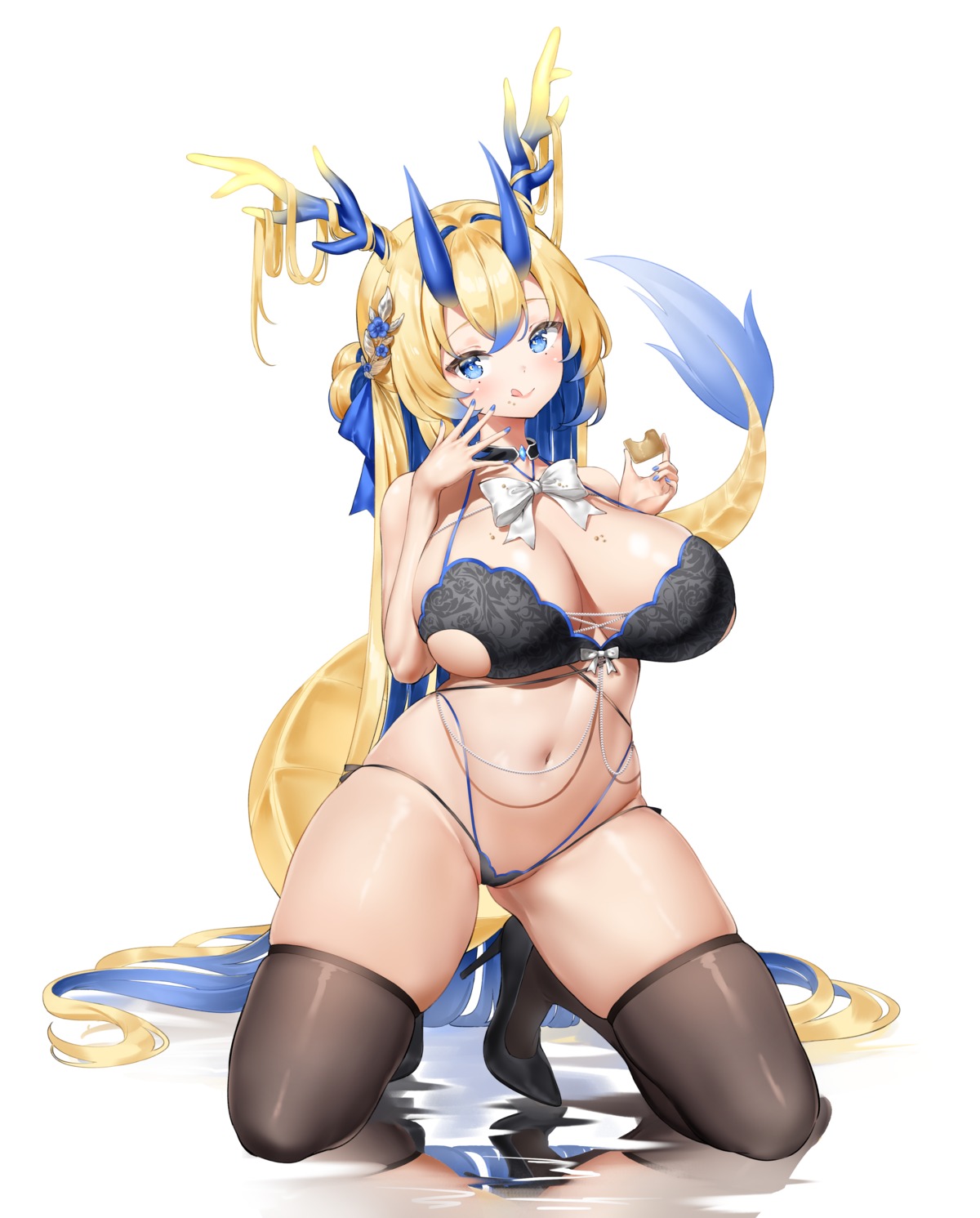 bra cream heels horns keibeam lingerie pantsu tail thighhighs thong