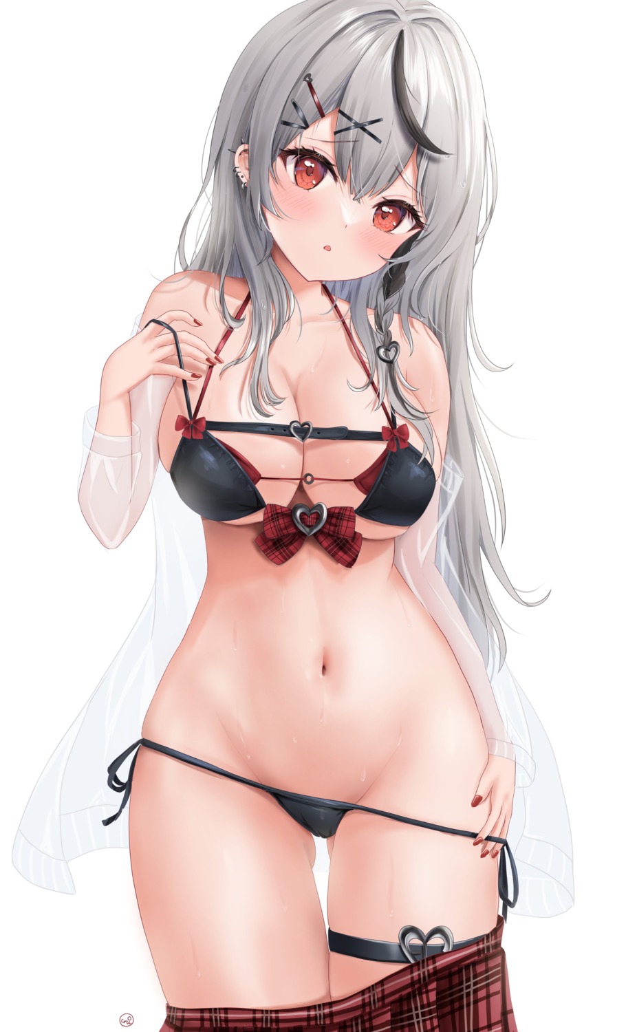 bikini garter hololive open_shirt panty_pull sakamata_chloe see_through swimsuits undressing uni_ikura_(un1kura)