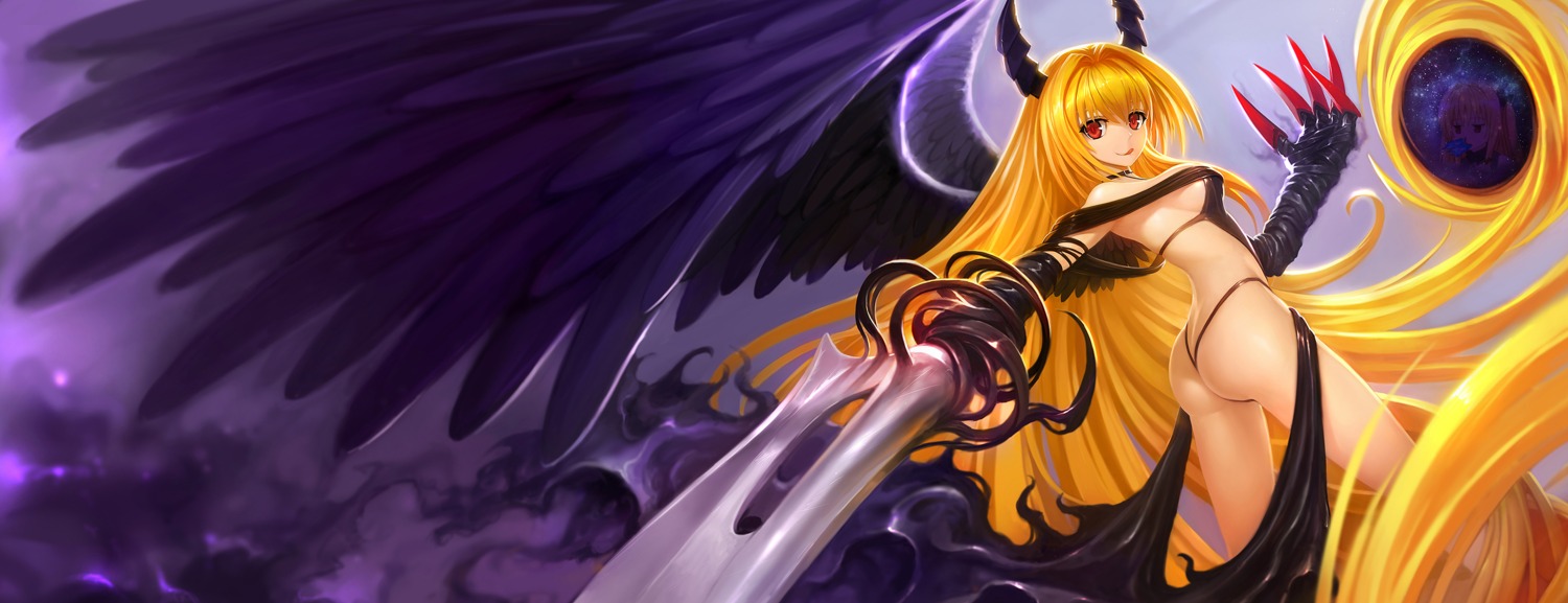 ass breasts golden_darkness horns sword thong to_love_ru wings zhuore_zhi_hen