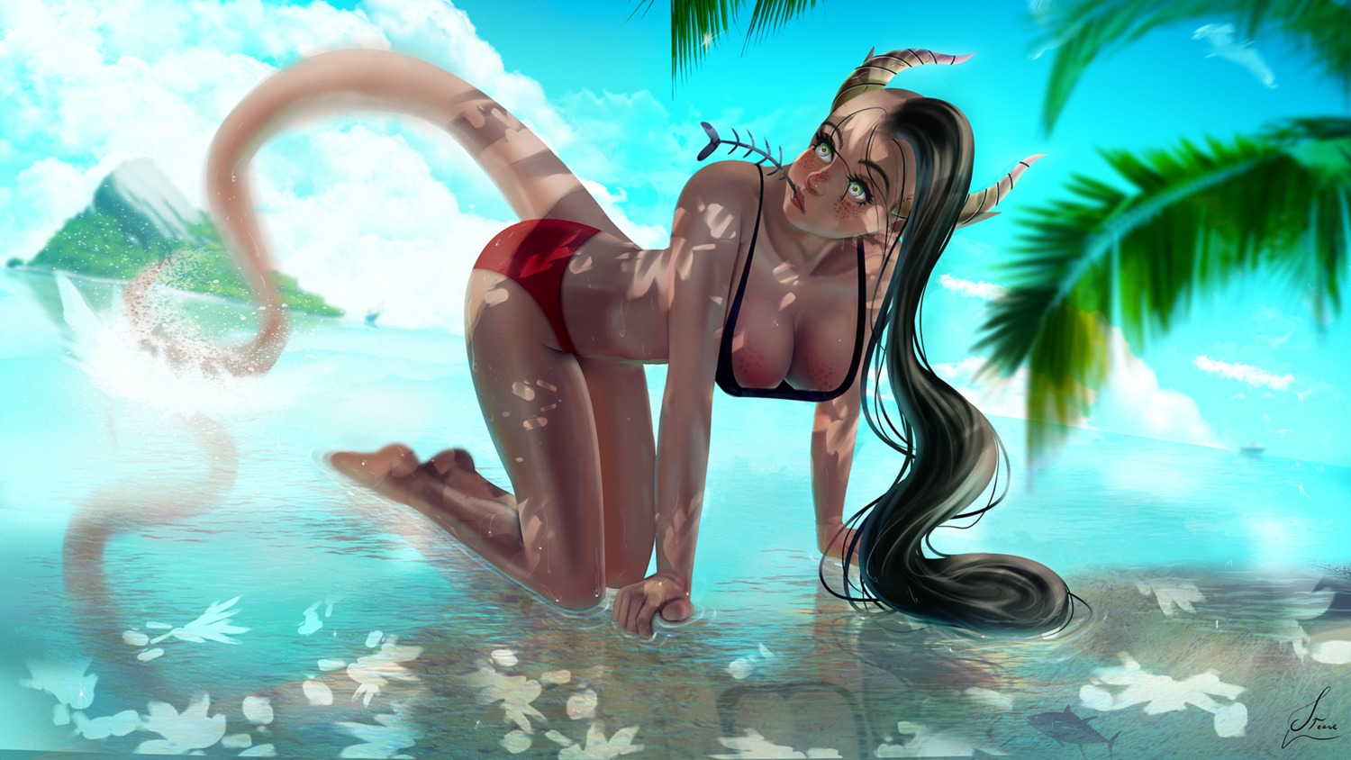 archange_michael_(steeve_medas) bikini horns swimsuits tail wallpaper wet