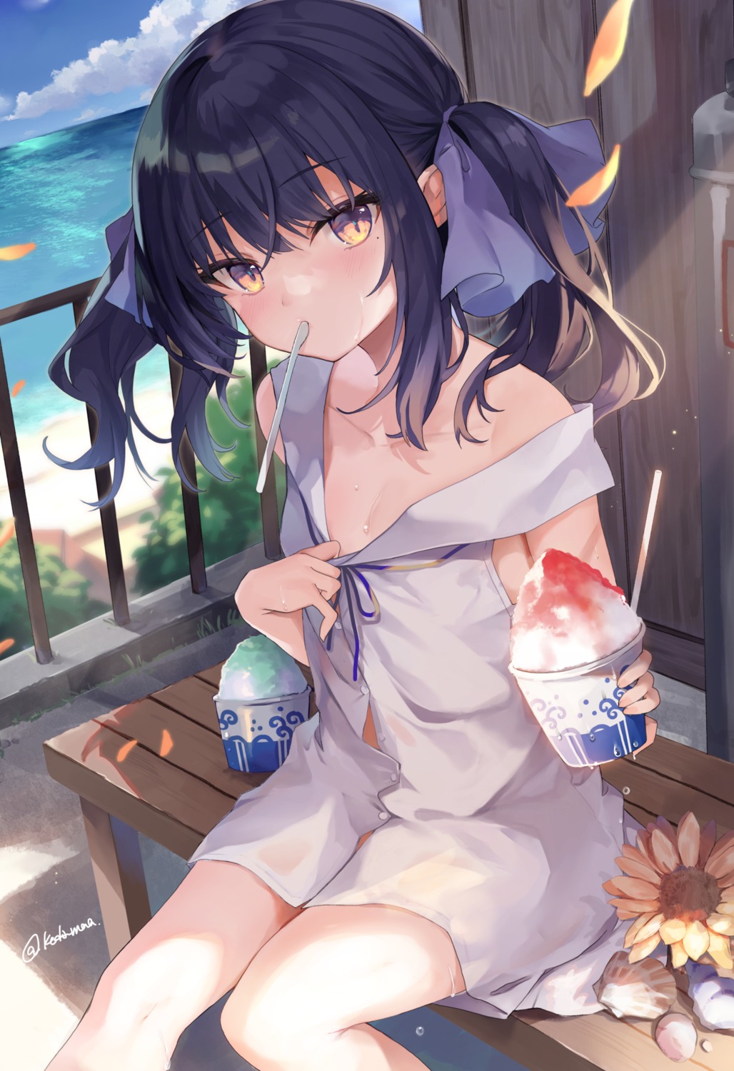 dress iga_sutora loli no_bra open_shirt see_through tamano_kedama wet wet_clothes