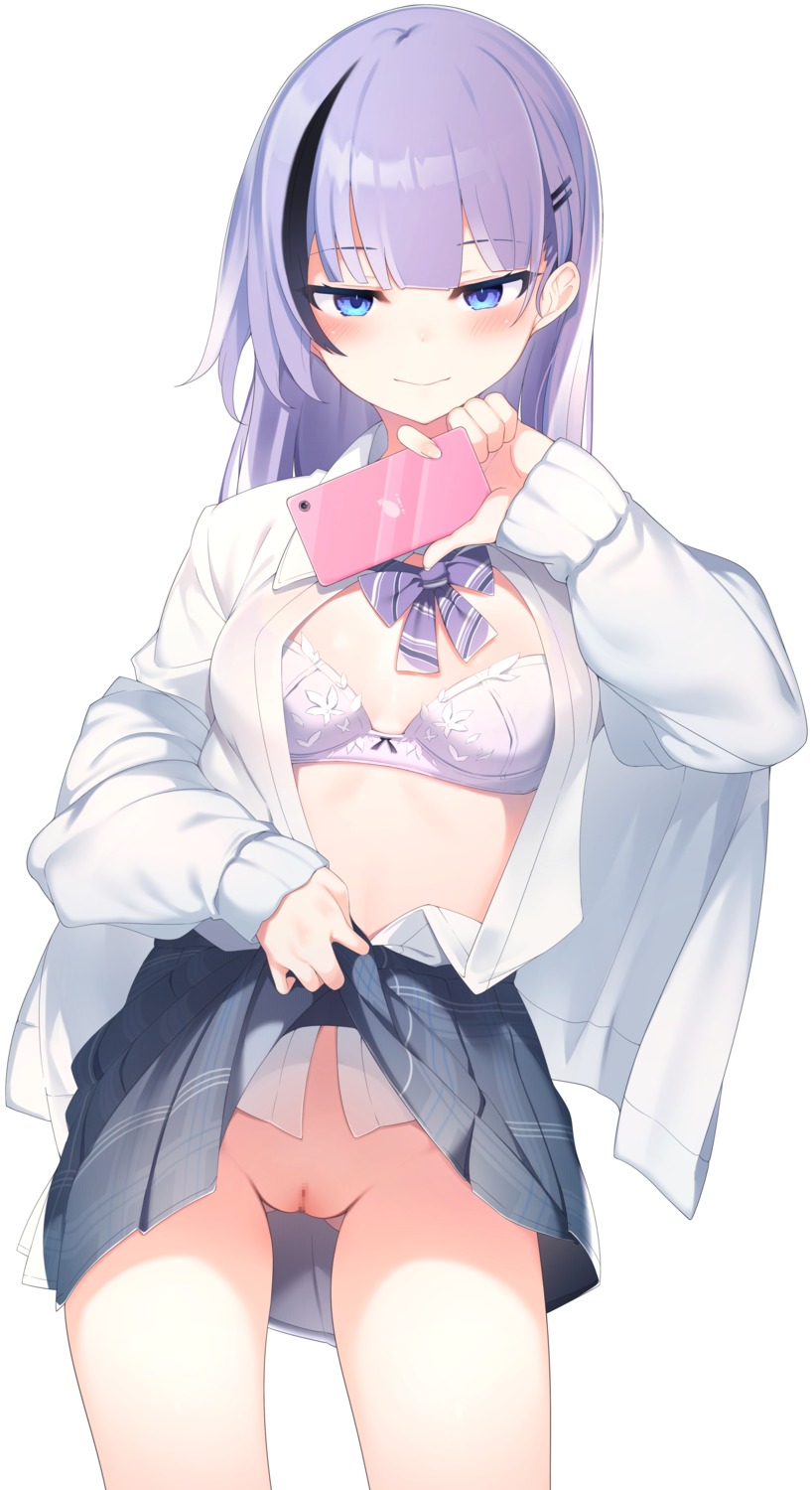 bra censored nopan open_shirt otokuyou pussy seifuku selfie skirt_lift sweater undressing