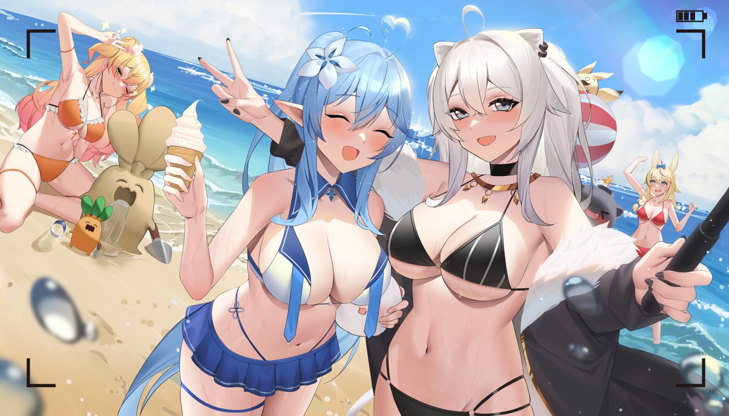 animal_ears bikini elf garter hololive jmao momosuzu_nene omaru_polka pointy_ears shishiro_botan swimsuits yukihana_lamy