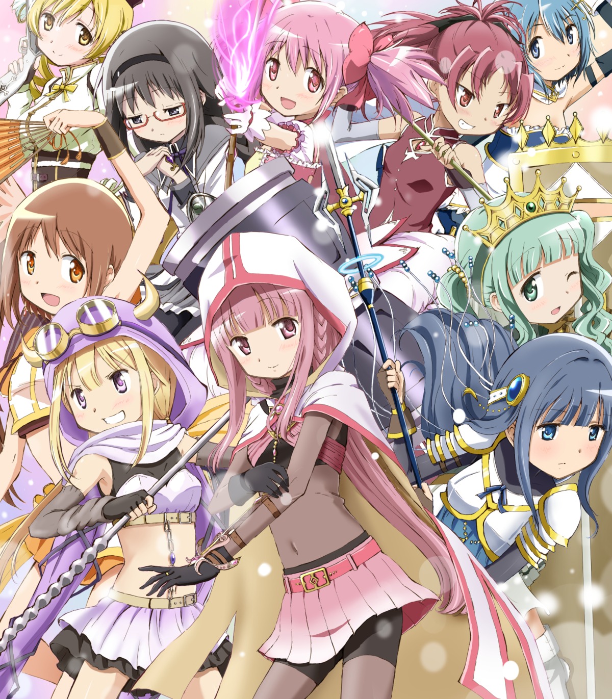 akemi_homura armor bodysuit dress futaba_sana gun horns kaname_madoka kinfuji magia_record:_mahou_shoujo_madoka_magica_gaiden megane miki_sayaka mitsuki_felicia momoe_nagisa nanami_yachiyo puella_magi_madoka_magica sakura_kyouko sword tamaki_iroha thighhighs tomoe_mami weapon yui_tsuruno