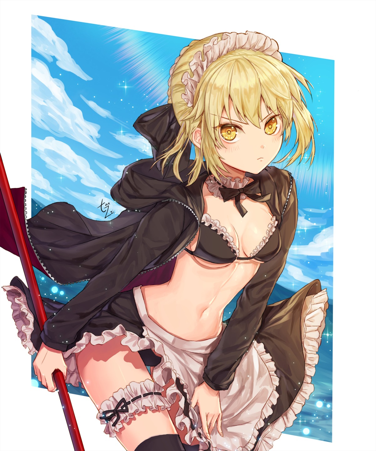 bikini cleavage fate/grand_order garter maid open_shirt saber saber_alter swimsuits tanzzi thighhighs underboob weapon