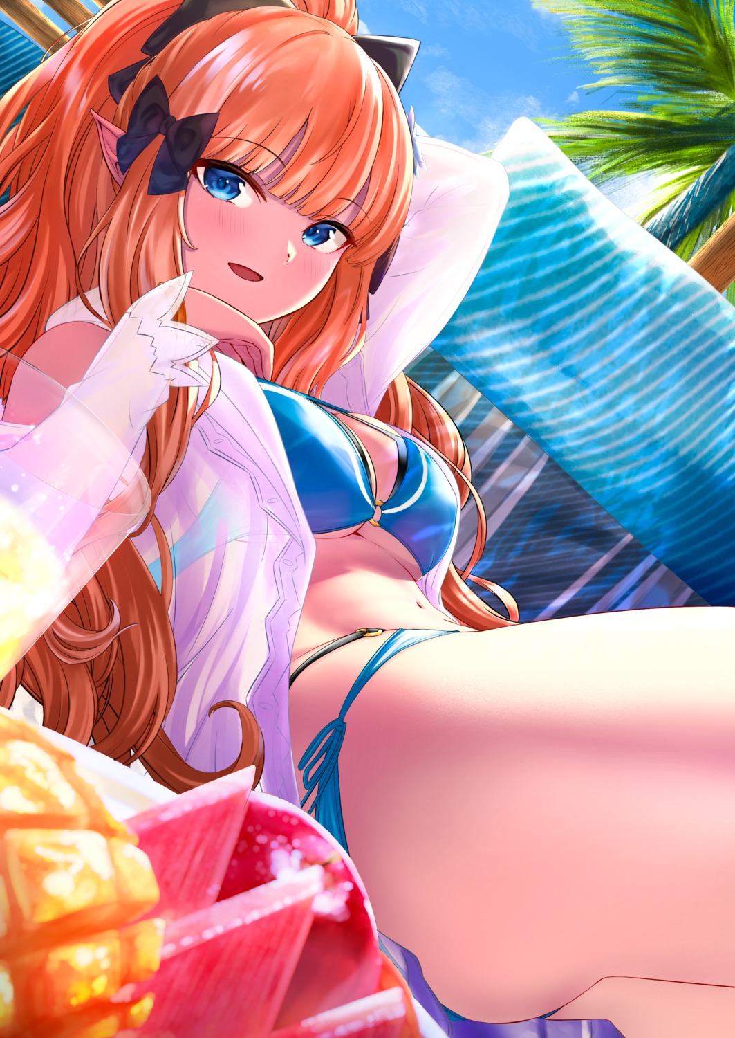 bikini herohero_illust open_shirt pointy_ears princess_connect princess_connect!_re:dive sasaki_saren see_through swimsuits thong