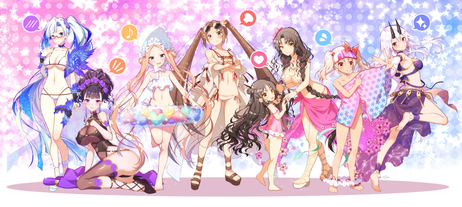 abigail_williams_(fate) ass bikini brynhildr_(fate/grand_order) consort_yu_(fate/grand_order) fate/grand_order garter horns loli megane murasaki_shikibu_(fate) open_shirt sakura_tsubame see_through sessyoin_kiara swimsuits tattoo thighhighs tomoe_gozen_(fate/grand_order) undressing