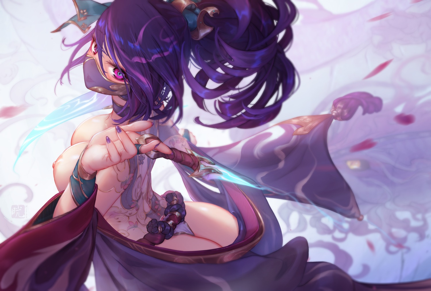 akali ass breasts japanese_clothes league_of_legends mitsu_(mitsu_art) nipples no_bra open_shirt pantsu tattoo thong weapon