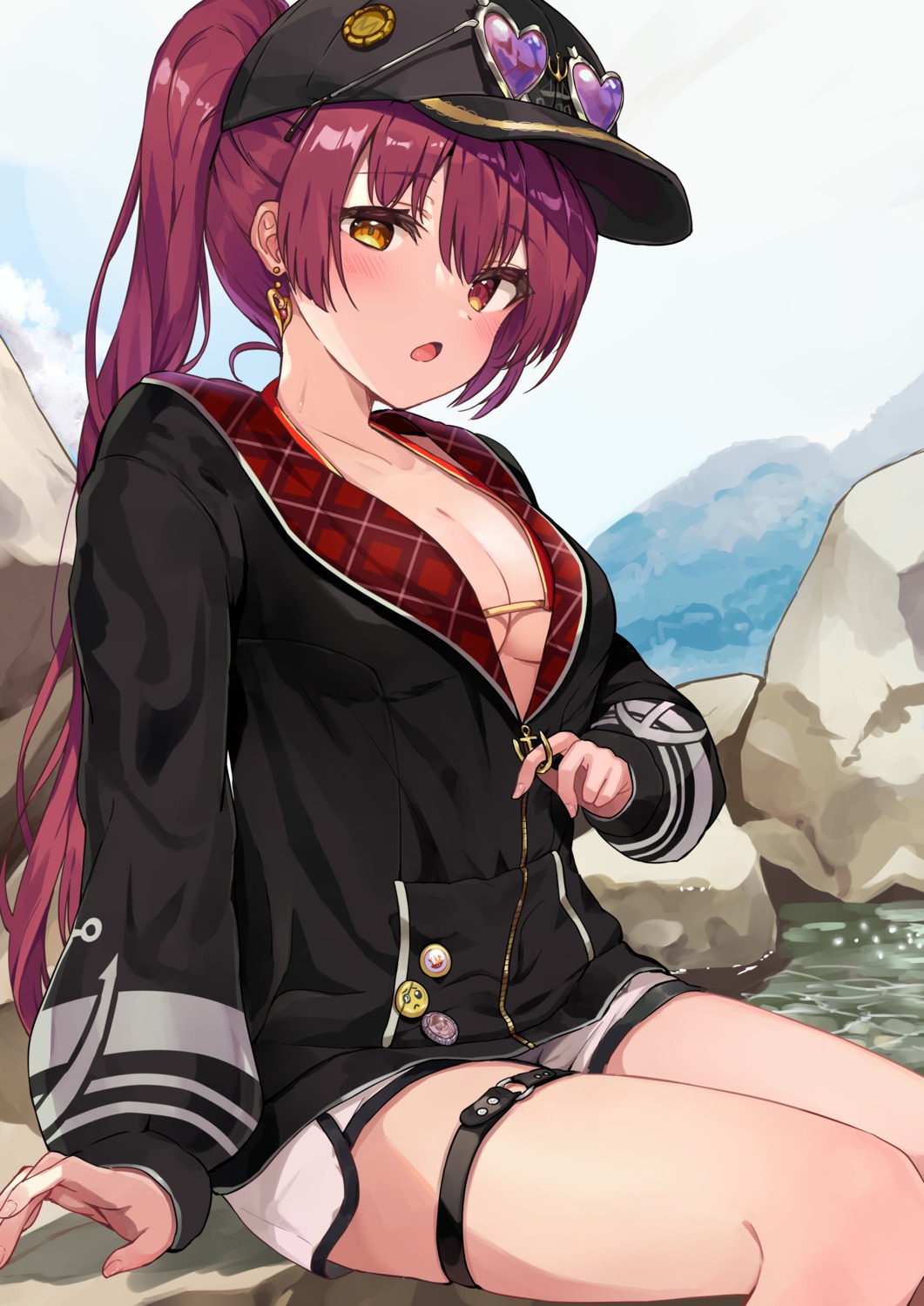 bikini_top cleavage garter heterochromia hololive houshou_marine open_shirt racchi. swimsuits undressing