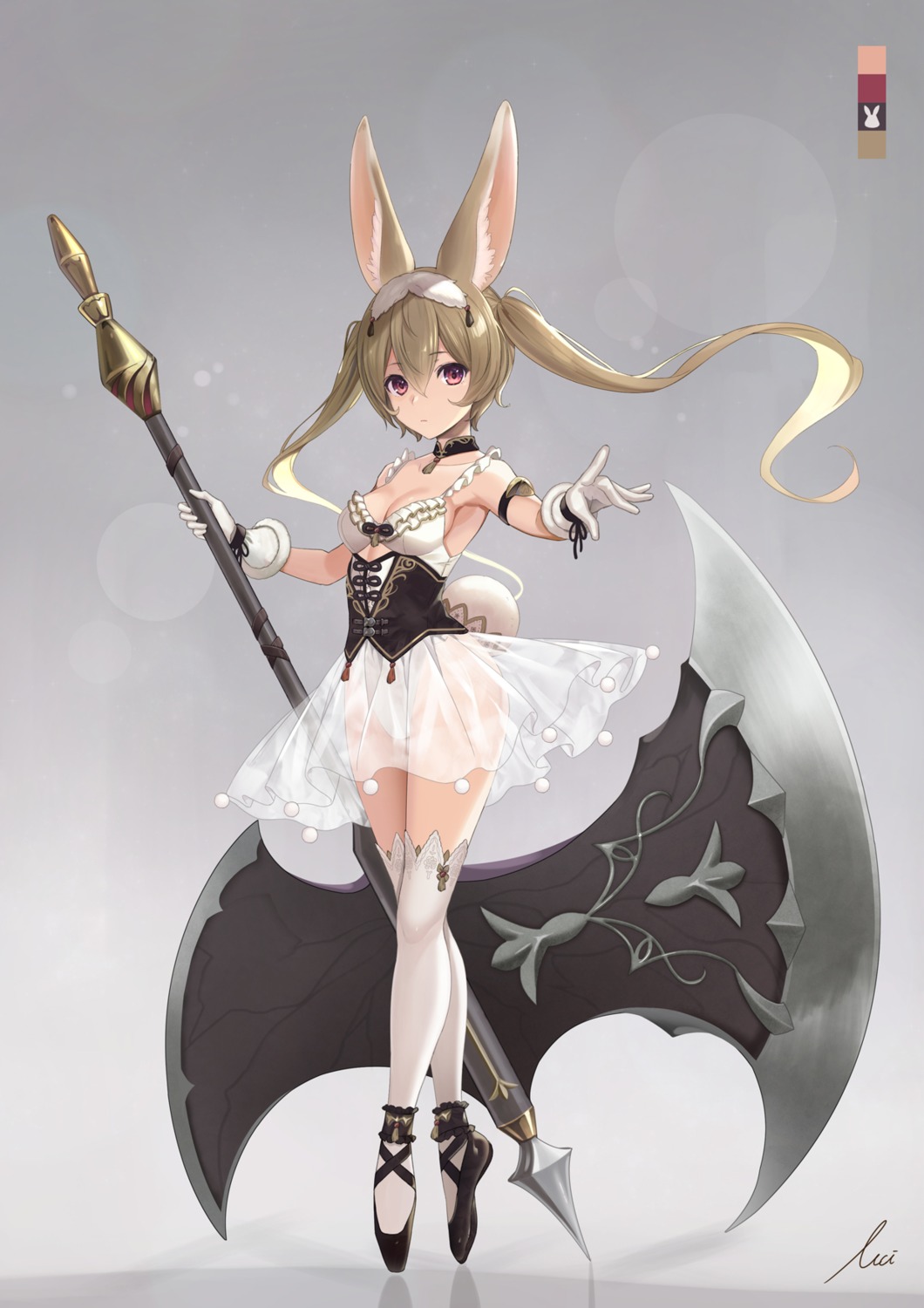 animal_ears bunny_ears cleavage icchi leotard see_through tail thighhighs weapon