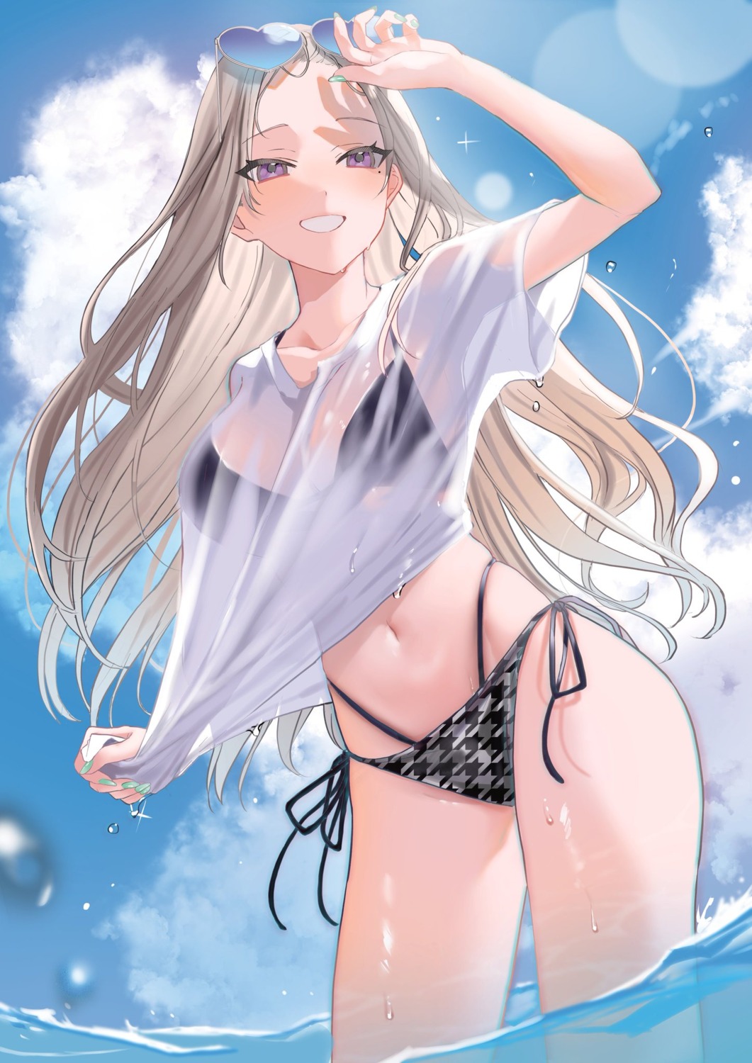 bikini hamu_(plot_sy) megane see_through swimsuits wet wet_clothes