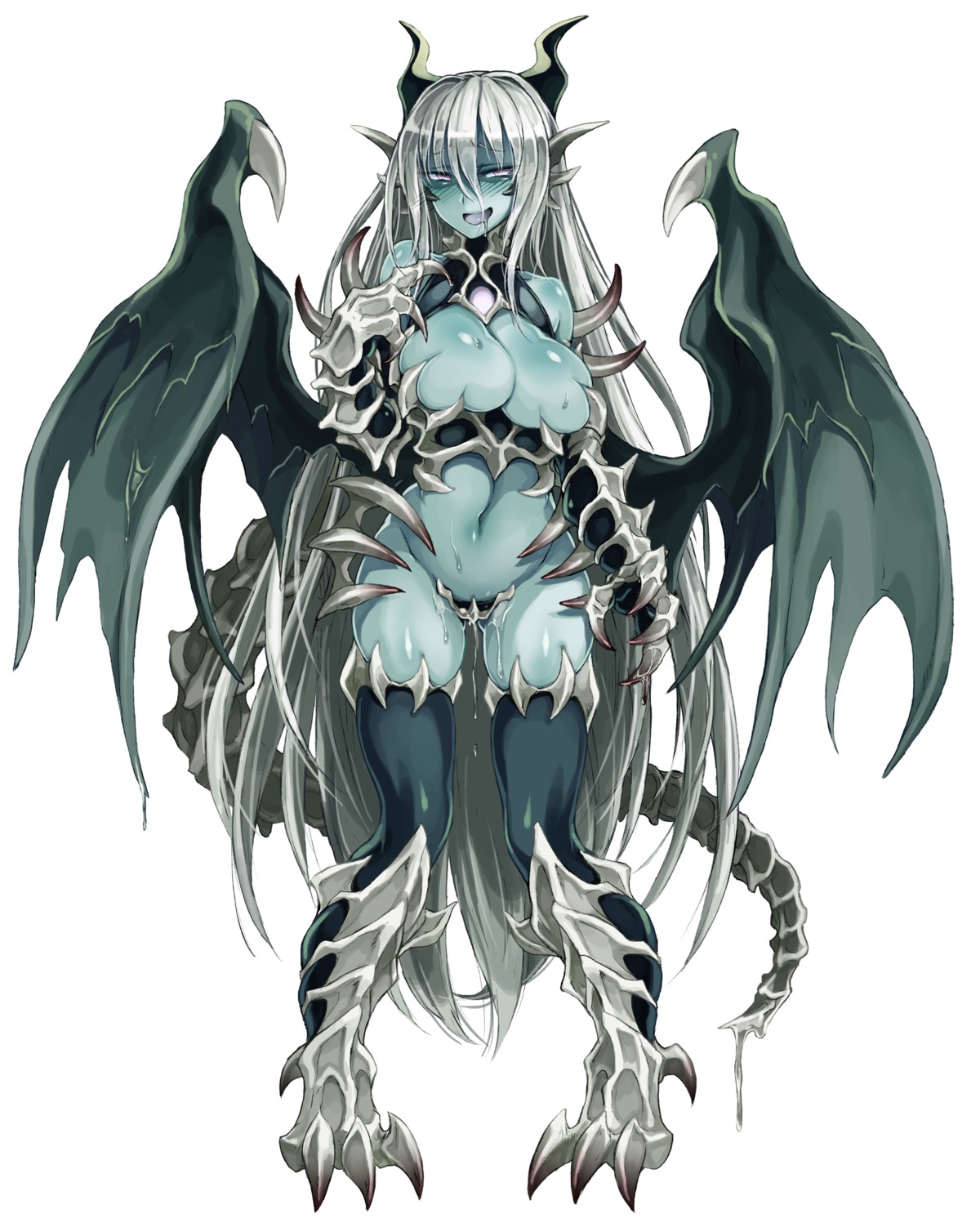 bottomless breasts horns kenkou_cross maebari monster_girl no_bra pussy_juice tail thighhighs wings