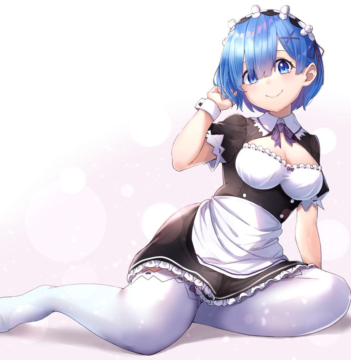 cleavage m.tokotsu maid re_zero_kara_hajimeru_isekai_seikatsu rem_(re_zero) skirt_lift thighhighs