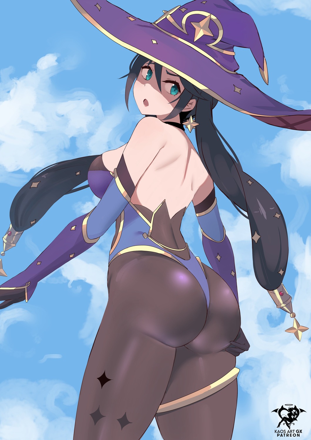 ass ass_grab garter genshin_impact kaos_art leotard mona_megistus pantyhose witch