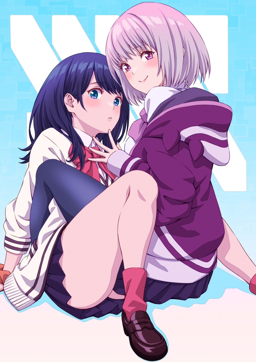 masatoshi_1219 pantyhose seifuku shinjou_akane skirt_lift ssss.gridman sweater takarada_rikka yuri