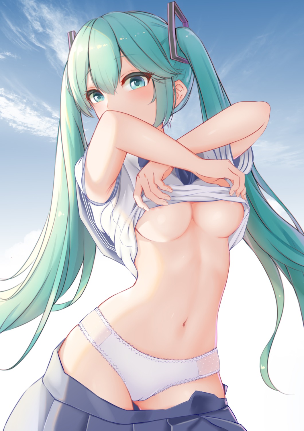 areola cameltoe hatsune_miku no_bra pantsu seifuku shirt_lift undressing vocaloid yu_chang_(42680610)