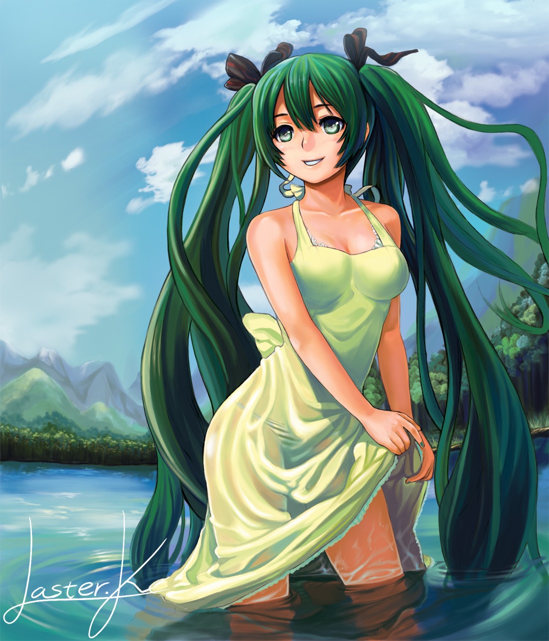 dress hatsune_miku lasterk pantsu see_through shimapan summer_dress vocaloid wet_clothes