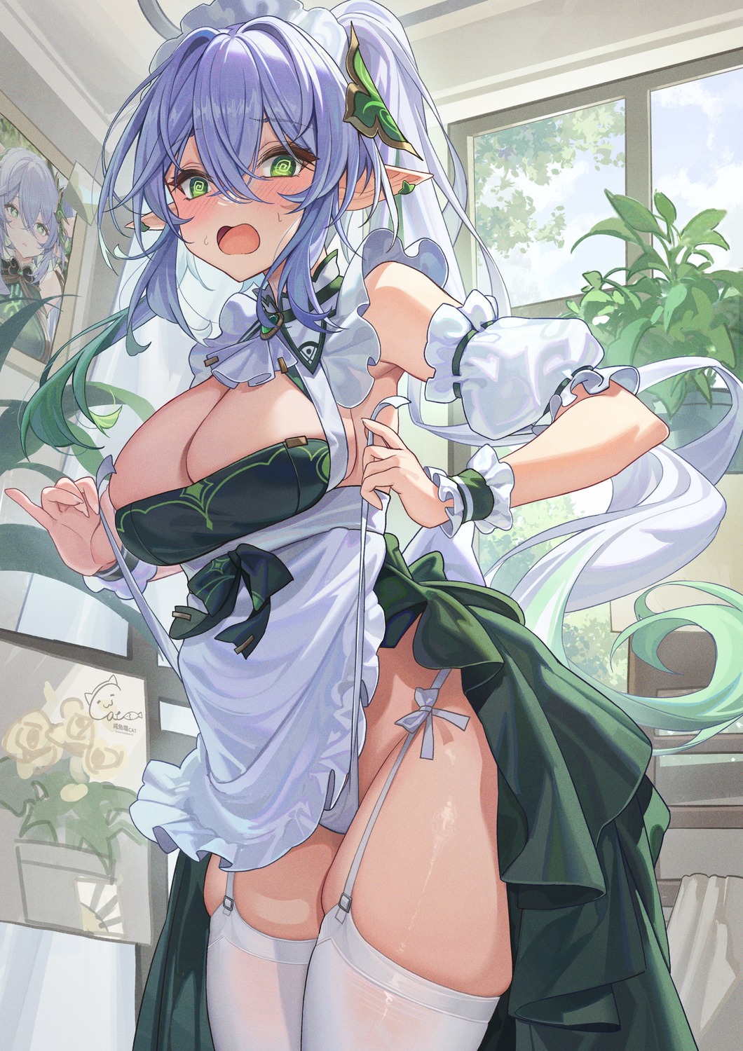 genshin_impact maid nahida no_bra pantsu pointy_ears stockings thighhighs thong undressing youxuemingdie