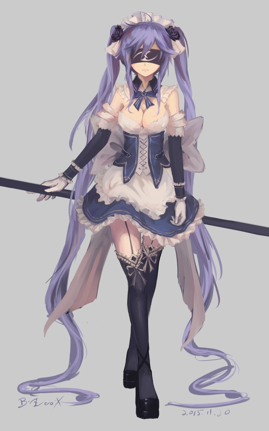bzerox cleavage dress maid stockings thighhighs weapon