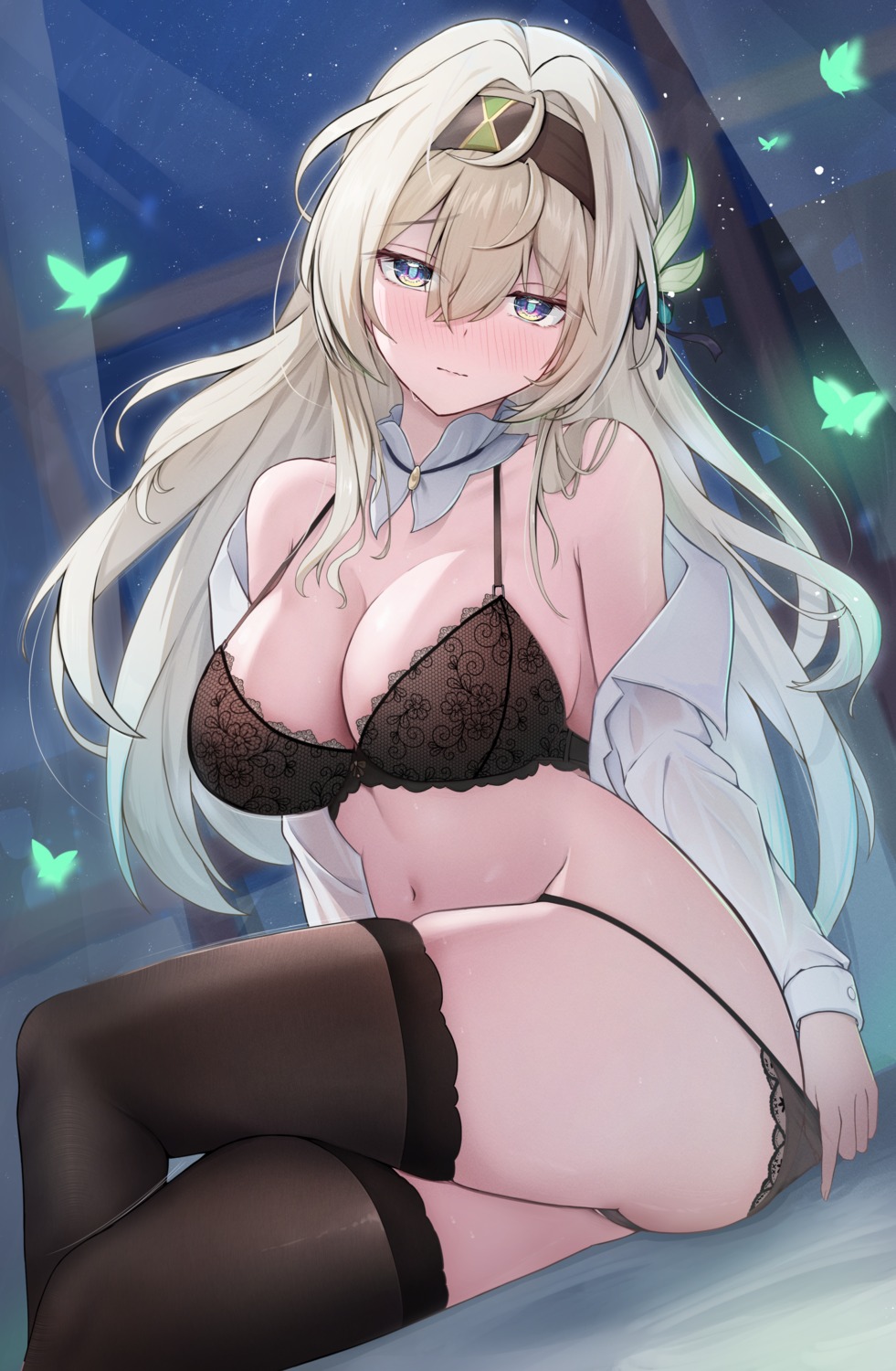 bra dress_shirt firefly honkai:_star_rail lingerie night_known open_shirt pantsu panty_pull see_through thighhighs thong undressing